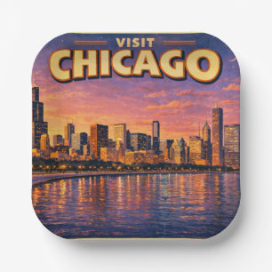 Chicagoer Skyline und Lake Michigan am Abend Pappteller