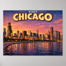 Chicagoer Skyline und Lake Michigan am Abend Poster