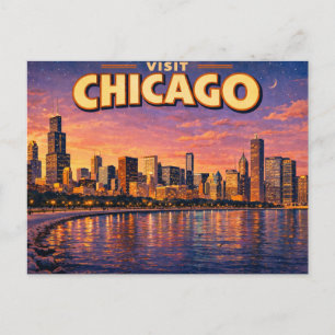 Chicagoer Skyline und Lake Michigan am Abend Postkarte