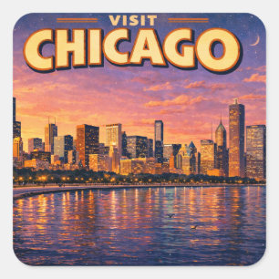 Chicagoer Skyline und Lake Michigan am Abend Quadratischer Aufkleber