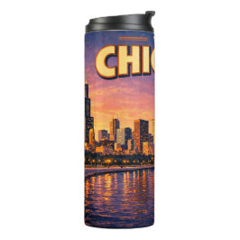 Chicagoer Skyline und Lake Michigan am Abend Thermosbecher