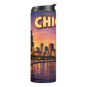 Chicagoer Skyline und Lake Michigan am Abend Thermosbecher