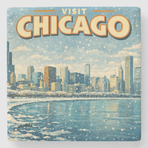 Chicagoer Skyline und Lake Michigan im Winter  Steinuntersetzer