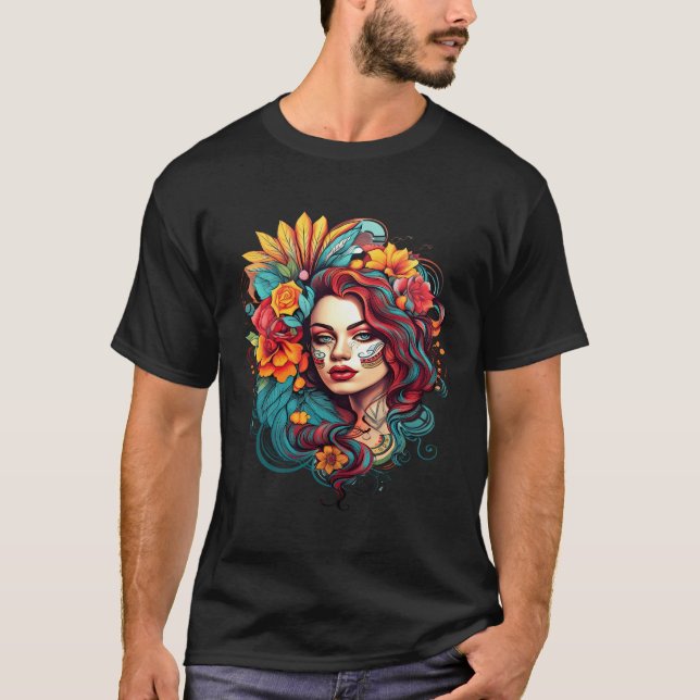 Chicano Girl Mexico Blume Death Hübsch T-Shirt (Vorderseite)