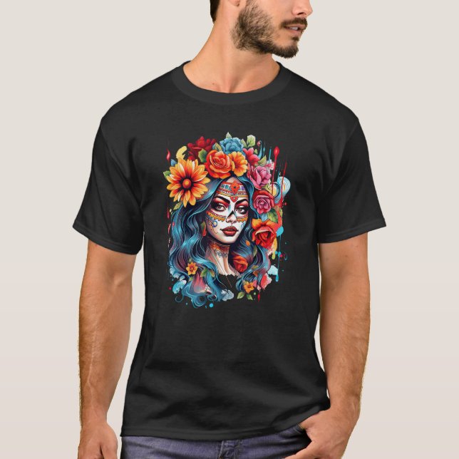 Chicano Girl Mexico Flowers Death Pretty 8 T-Shirt (Vorderseite)