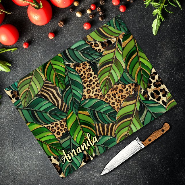 chice Leopardendruck Monstera Blätter Monogramm Gl Schneidebrett (Von Creator hochgeladen)
