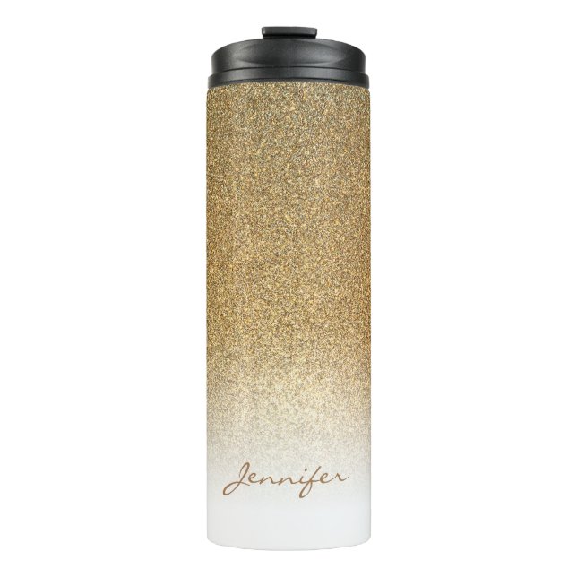 Chicgoldhoch entwickelter Glitter personalisiert Thermosbecher (Vorderseite)