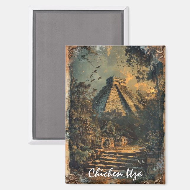 Chichen Itza Mexico Vintage Travel Artwork Magnet (Vorderseite/Rückseite)