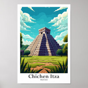 Chichen Itza Mexico Vintage Travel Illustration Poster