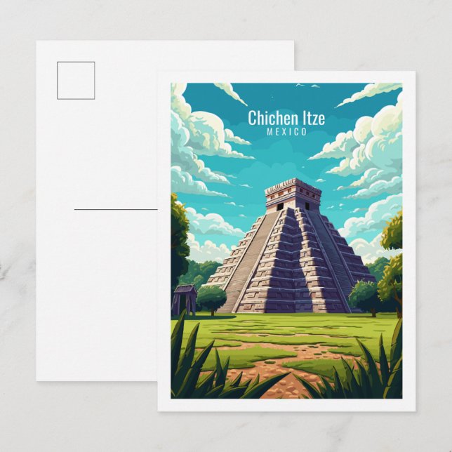 Chichen Itze Mexico Vintage Reise Illustration Postkarte (Vorne/Hinten)