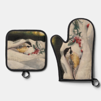 Chick-a-Dee mit Mistelzweig Ofenhandschuh & Topflappen-Set