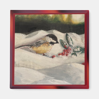 Chick-a-Dee with Mistletoe Folded Card (Blank) Magnet