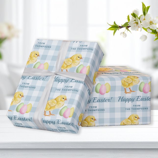 Chick And Pastel Eggs Happy Easter Blue Gingham Geschenkpapier (Von Creator hochgeladen)