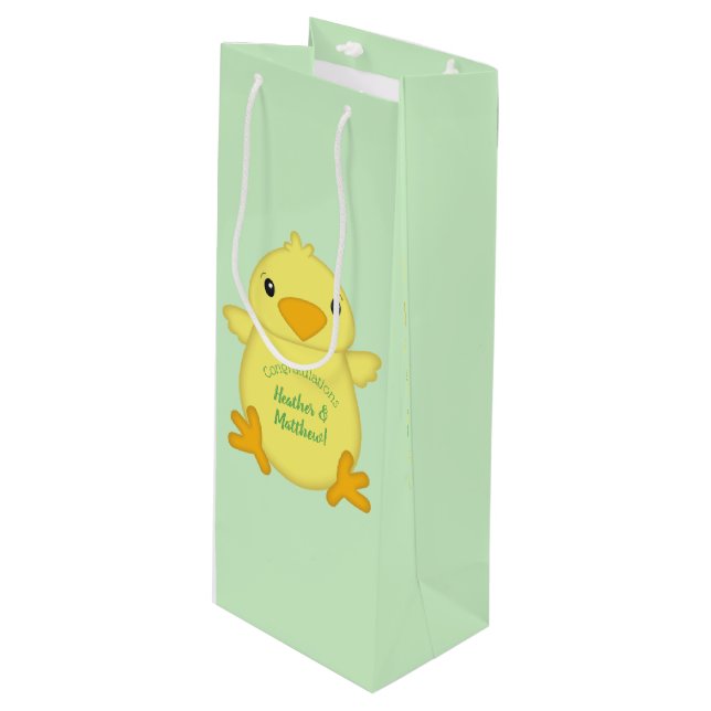Chick Baby Dusche Green Geschenktüte Für Weinflaschen (Vorderseite Schrägansicht)