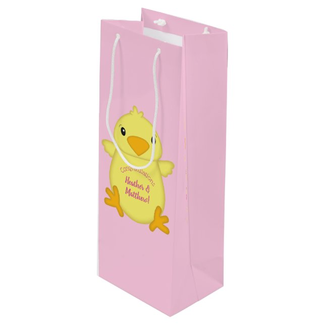 Chick Baby Dusche Pink Geschenktüte Für Weinflaschen (Vorderseite Schrägansicht)