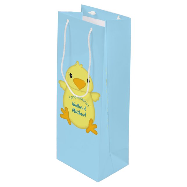 Chick Baby Shower Blue Geschenktüte Für Weinflaschen (Vorderseite Schrägansicht)