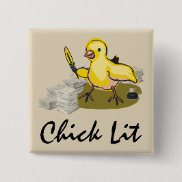 Chick Lit Writer with Paper and Feather Quill Button