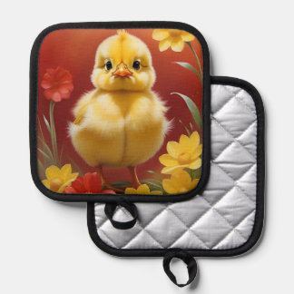 Chick With Flowers Pot Holder Topflappen