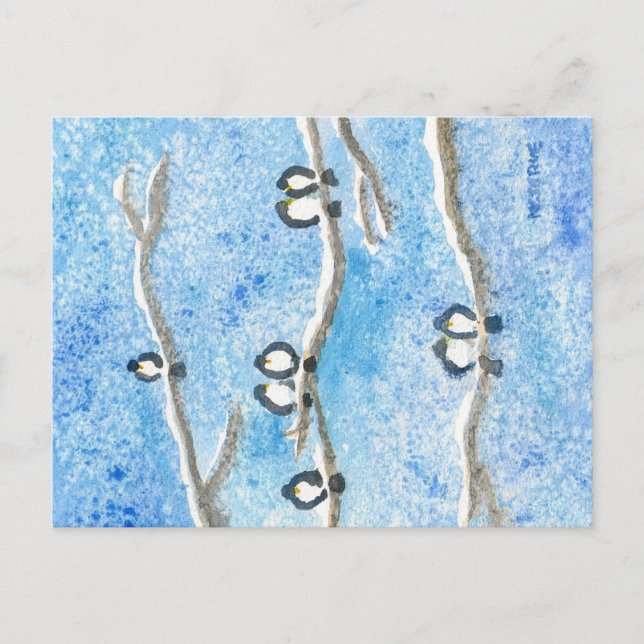 Chickade an Baumzweigen im Winter Schnee Postca Postkarte (Vorderseite)