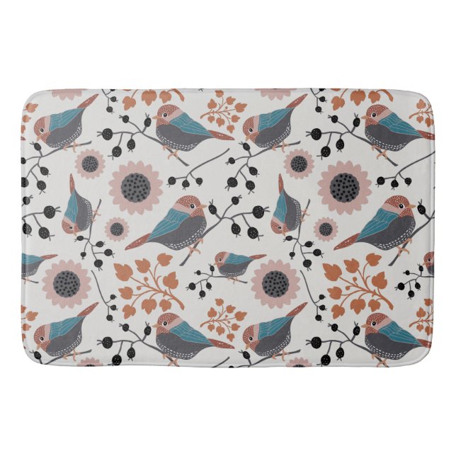 Chickadebird und Berry Muster Blumendesign Badematte (Vorderseite)