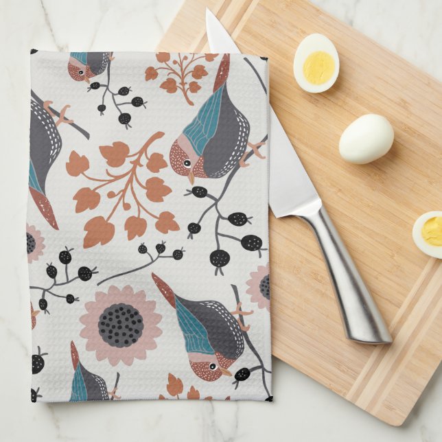 Chickadebird und Berry Muster Blumendesign Geschirrtuch (Viertel Falte)