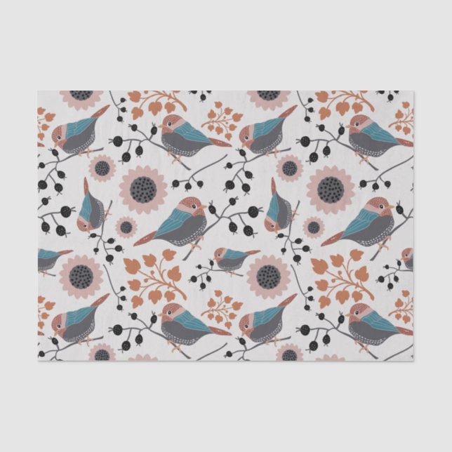 Chickadebird und Berry Muster Blumendesign Seidenpapier (Vorderseite)