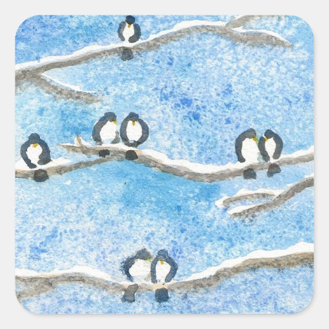 Chickadee auf Baumzweigen im Winter-Schneeschuhgif Quadratischer Aufkleber (Vorderseite)