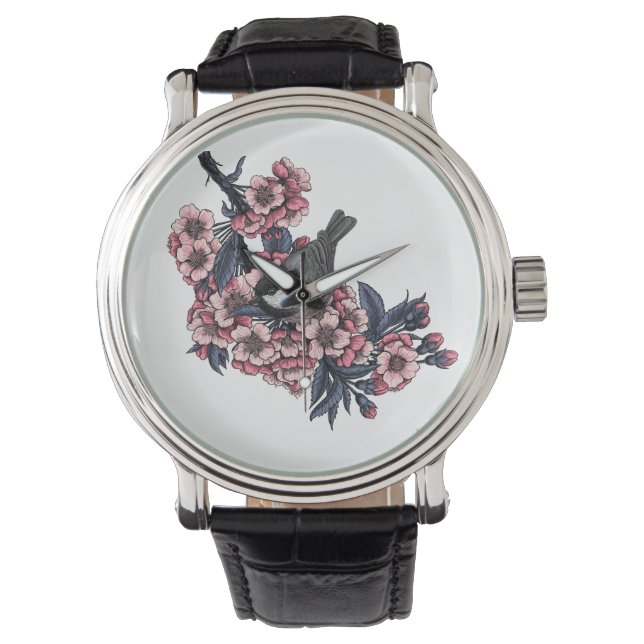 Chickadee auf einem blühenden Kirschzweig Armbanduhr (Vorderseite)