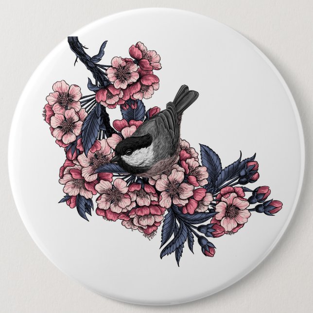 Chickadee auf einem blühenden Kirschzweig Button (Vorderseite)