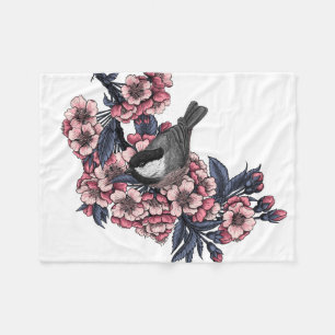 Chickadee auf einem blühenden Kirschzweig Fleecedecke