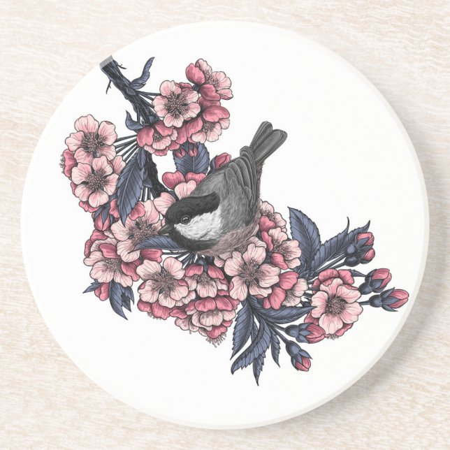 Chickadee auf einem blühenden Kirschzweig Getränkeuntersetzer (Vorne)