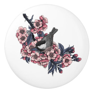 Chickadee auf einem blühenden Kirschzweig Keramikknauf