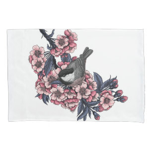 Chickadee auf einem blühenden Kirschzweig Kissenbezug