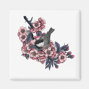 Chickadee auf einem blühenden Kirschzweig Magnet