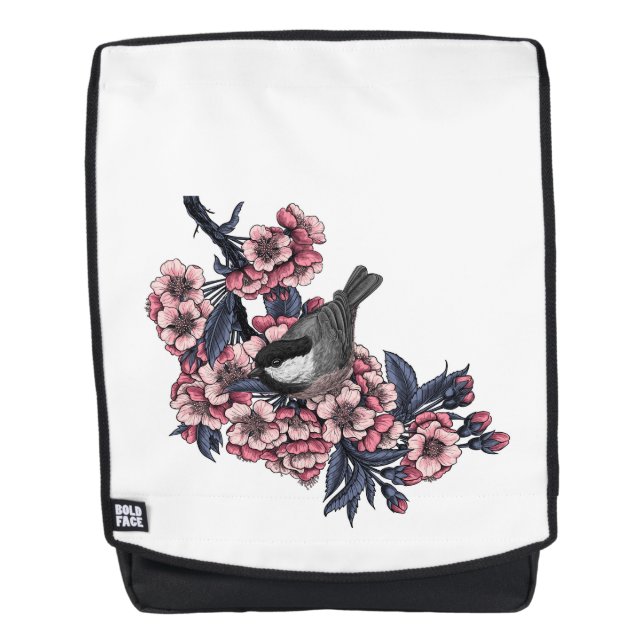 Chickadee auf einem blühenden Kirschzweig Rucksack (Vorderseite)