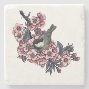 Chickadee auf einem blühenden Kirschzweig Steinuntersetzer