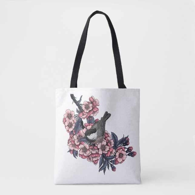 Chickadee auf einem blühenden Kirschzweig Tasche (Vorderseite)