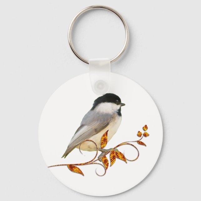 Chickadee auf Jeweled Blätter Schlüsselanhänger (Vorderseite)