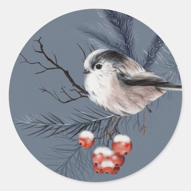 Chickadee Bird auf Holly Limb Runder Aufkleber (Vorderseite)