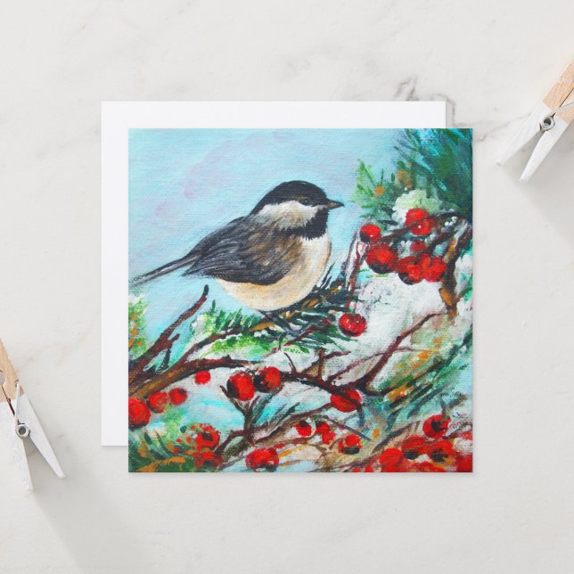 Chickadee Bird Berries Kunst-Card Karte (Vorderseite/Rückseite Beispiel)