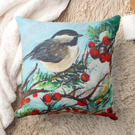 Chickadee Bird Berries Winter Art Kissen