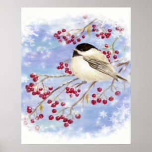Chickadee Bird Berries Winterkunst Poster