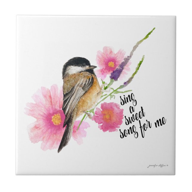 Chickadee Bird Blume Wasserfarbe Sprichwort Fliese (Vorderseite)
