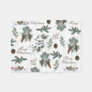 Chickadee Bird Evergreen Frohe Weihnachten Französ Fleecedecke