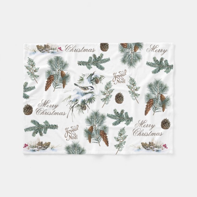 Chickadee Bird Evergreen Frohe Weihnachten Französ Fleecedecke (Vorderseite (Horizontal))