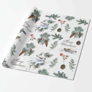 Chickadee Bird Evergreen Pinecone Frohe Weihnachte Geschenkpapier