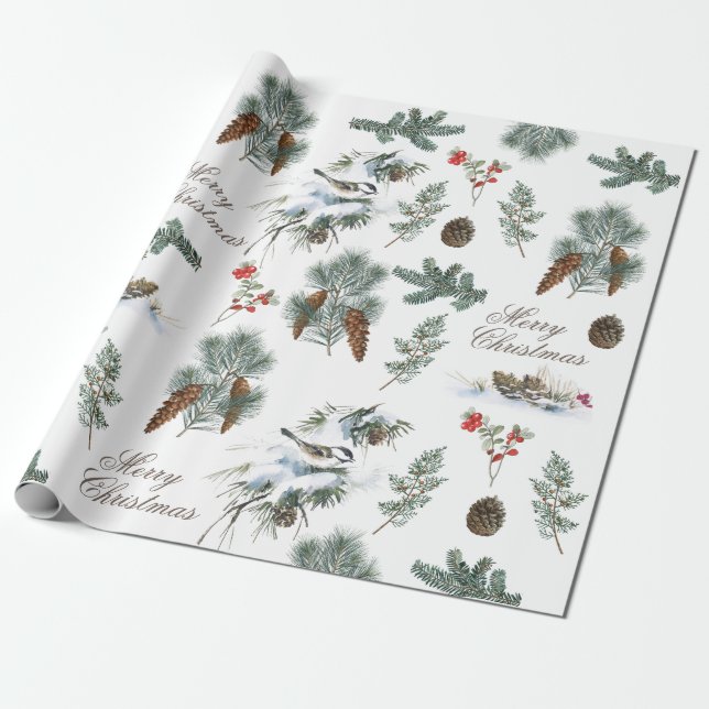 Chickadee Bird Evergreen Pinecone Frohe Weihnachte Geschenkpapier (Ungerollt)