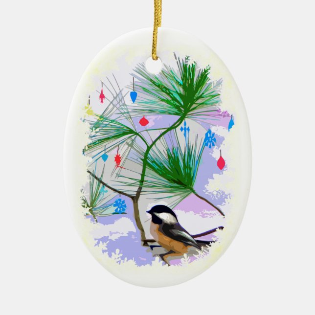 Chickadee Bird im Weihnachtsbaum Keramikornament (Vorne)