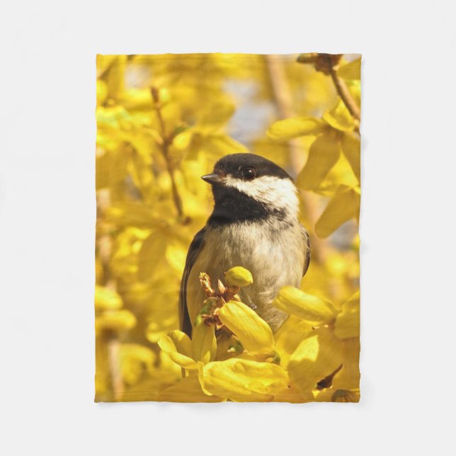 Chickadee Bird in gelben Blumen Fleece Blanket (Vorderseite)