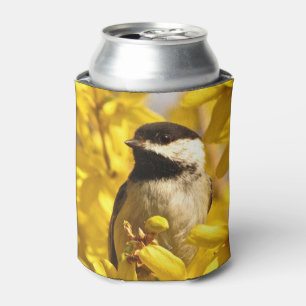 Chickadee Bird in gelben Blumen kann kühler Dosenkühler